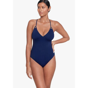 LAUREN RALPH LAUREN Strappy Plunge One-Piece Swimsuit Size 10 Blue Vneck NWT